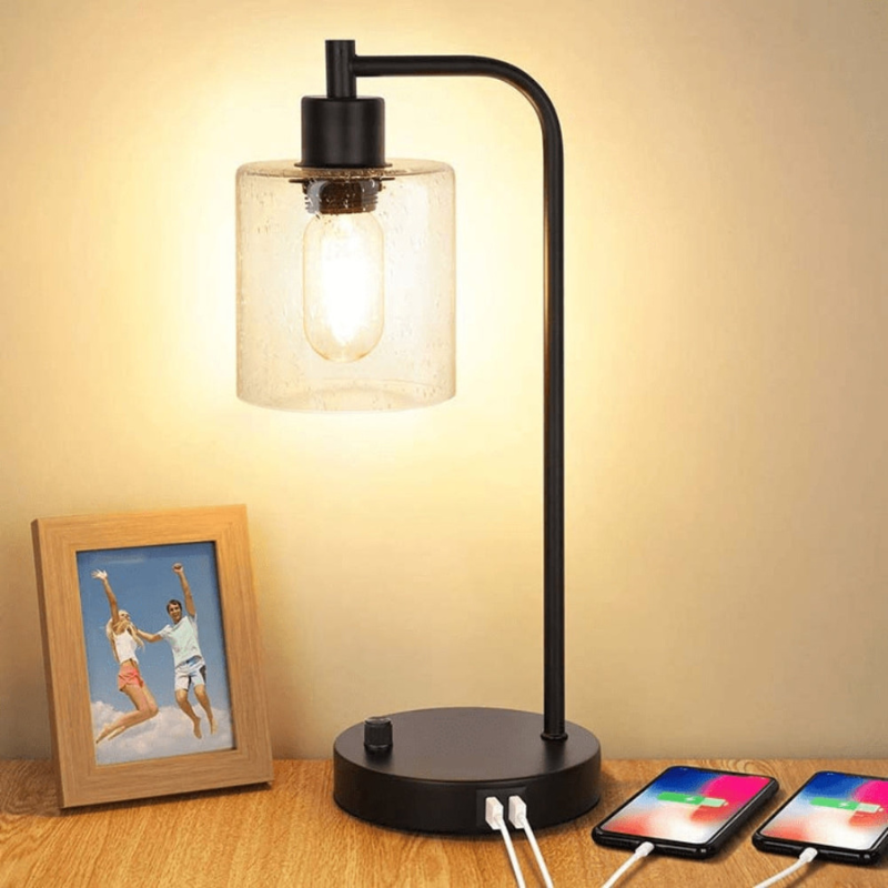 LumiGlide – Oplaadbare LED bureaulamp met glazen kap en USB poorten