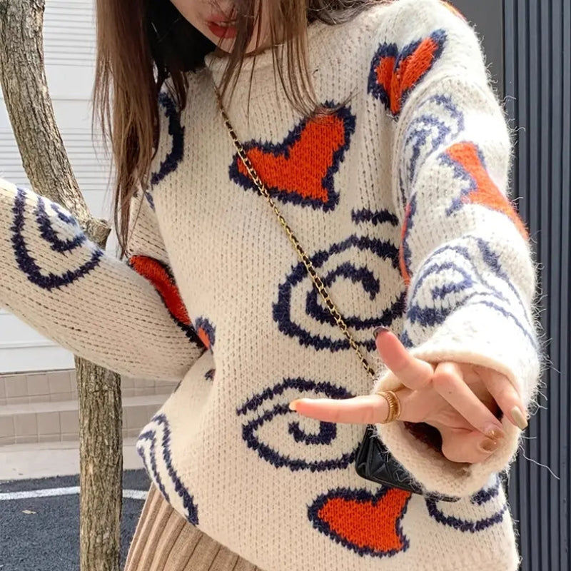 Amber – Oversized trui met lange mouwen ronde hals en hartontwerp