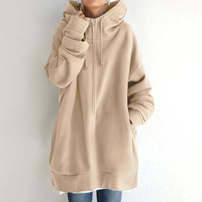 Aria – Lange Mouwen Oversized Hoodie met Ritssluiting en Geribbelde Details