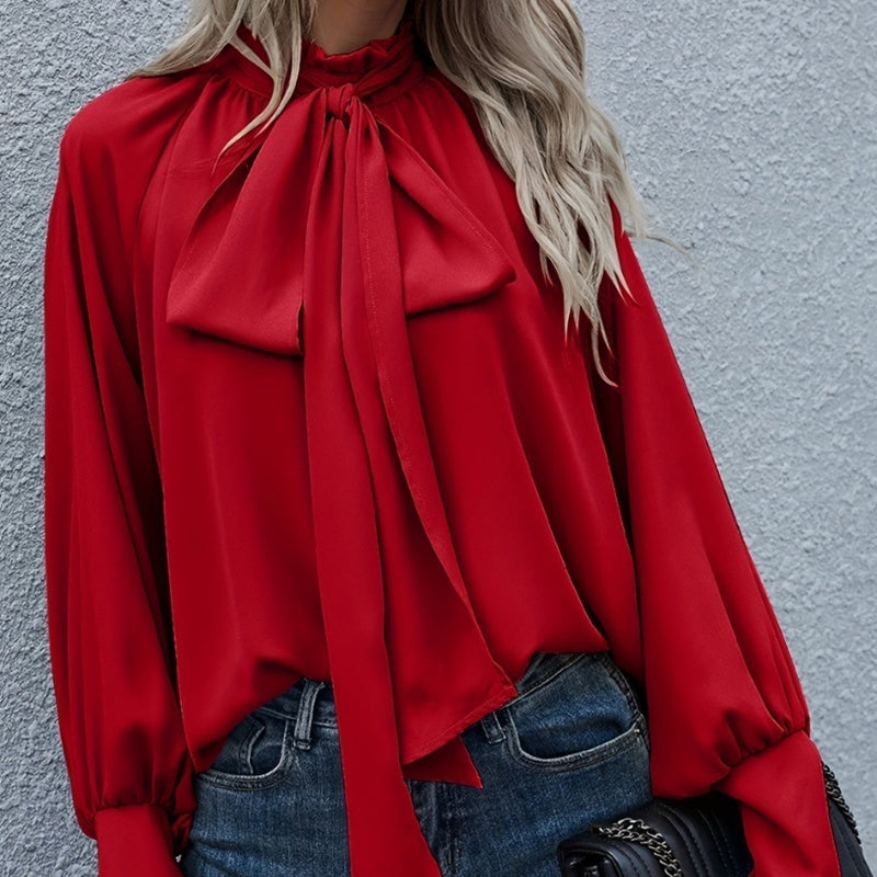 Natalie - Blouse met Strik aan de Hals en Pof Lange Mouwen