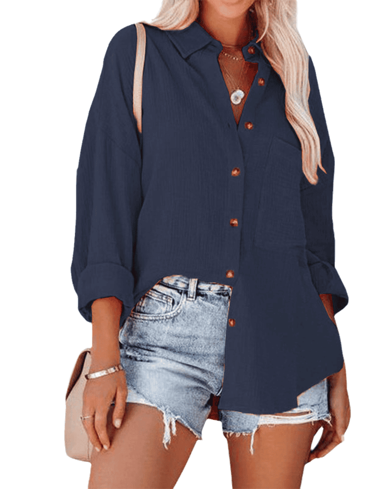 Grace – Relaxed button-up overhemd met opgerolde mouwen en borstzak