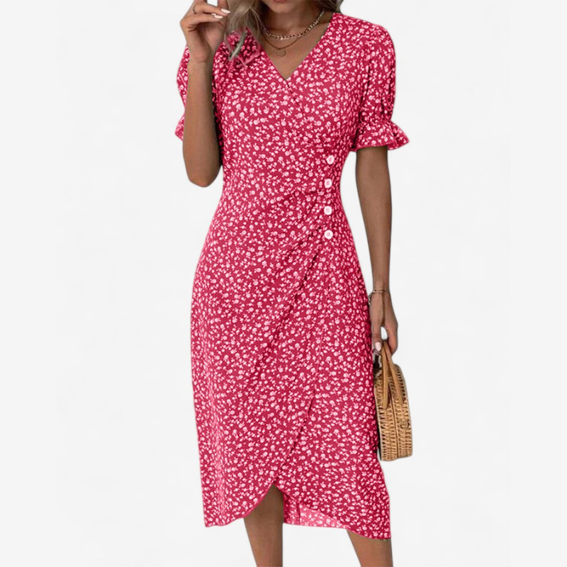 Elena – Bloemige Boho V Hals Jurk met Pofmouwen