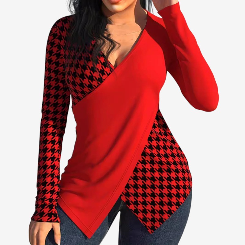 Cyra – Blouse met Lange Mouwen V hals en Slim Fit Design