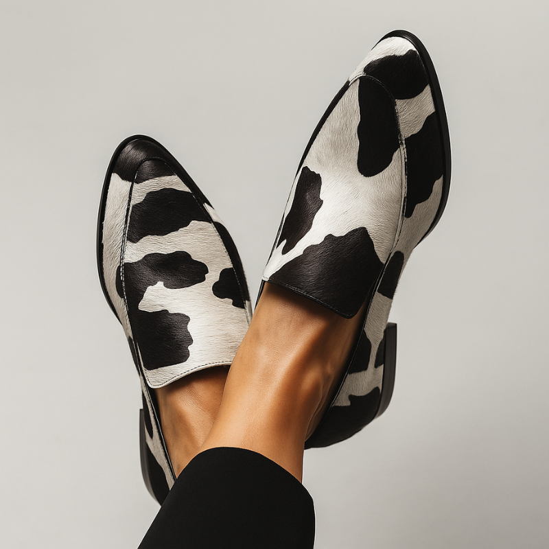 Hazel – Spitse lage hak schoenen met koeienprint