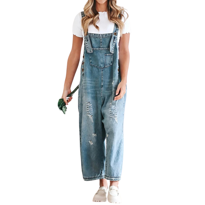 Lydia – Mouwloze Denim Jumpsuit met Wijde Pijpen en Verstelbare Bandjes