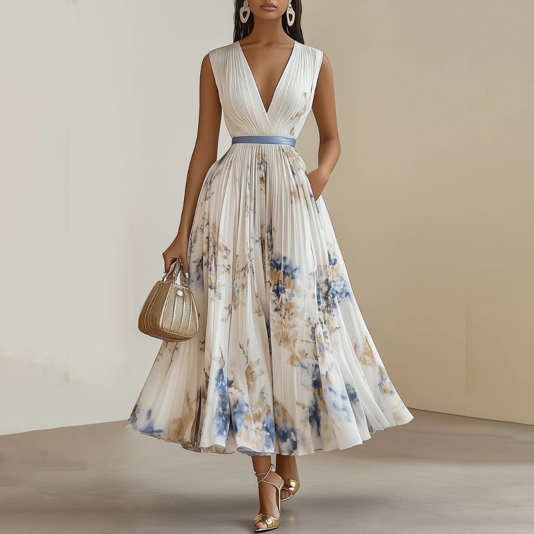 Jennifer - Mouwloze Bloemen Maxi Jurk met Diepe V Hals en Verstelbare Taille
