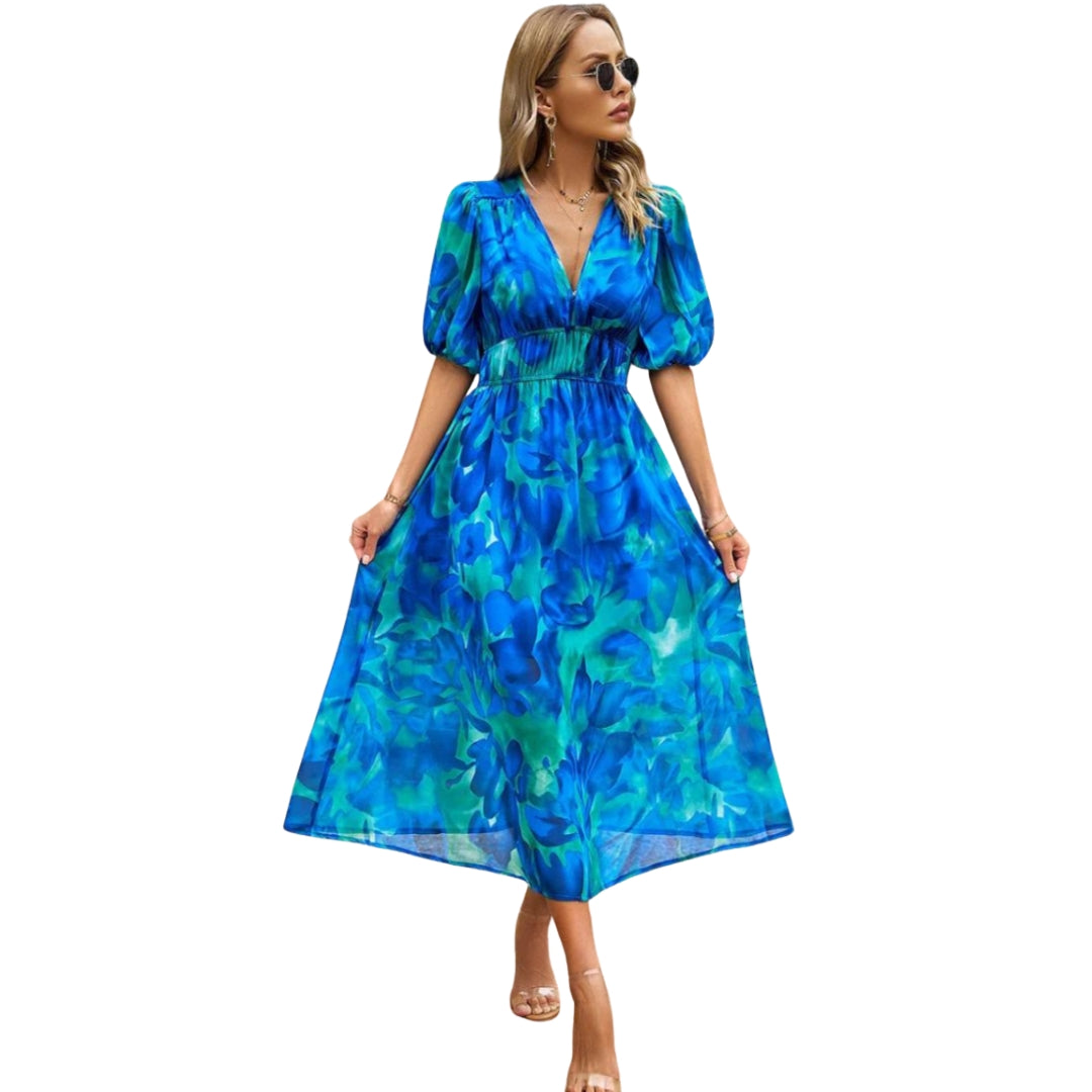 Isabella - Bloemen Midi Jurk met V Hals en Korte Mouwen