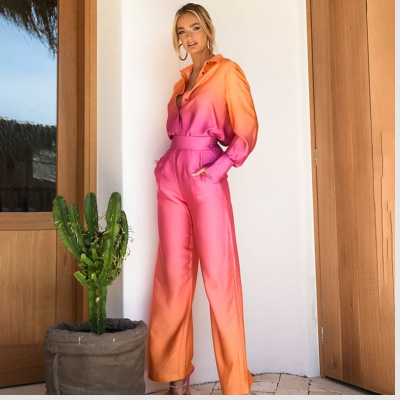 Sophia - Tweedelig Set met Lange Mouwen Blouse en Wijdvallende Broek