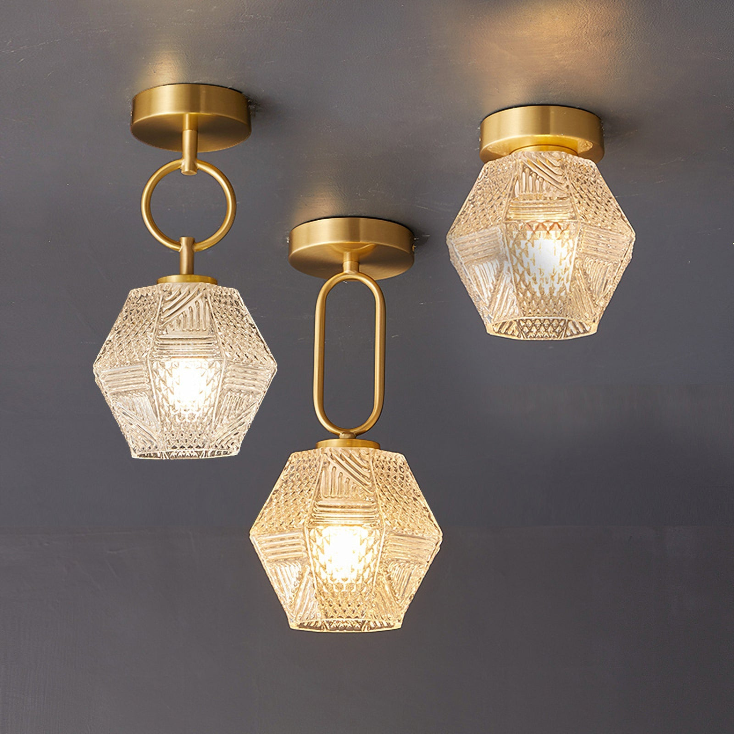 LumiDeco – Plafondlamp van Messing en Glas met Diamantslijp Ontwerp