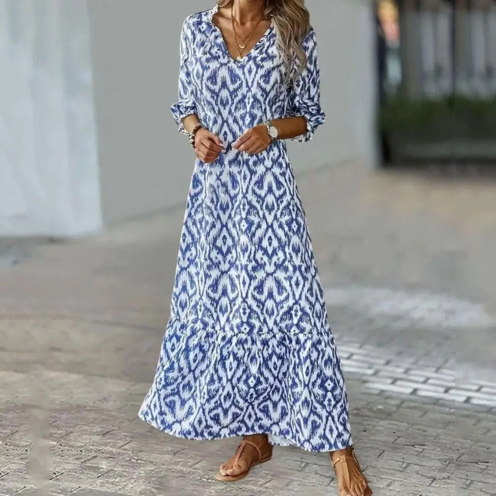 Hannah – Stijlvolle maxi-jurk met lange mouwen en V-hals
