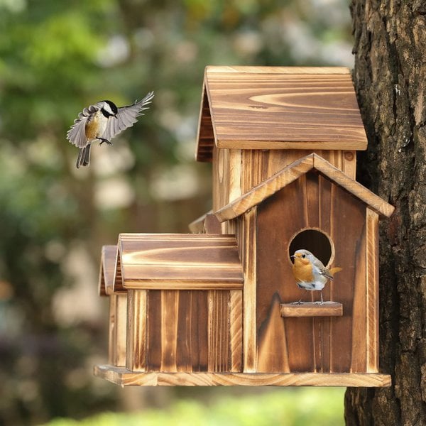 NestHaven - Handgemaakt vogelhuisje met 6 gaten en blokhutontwerp voor tuin en vogels