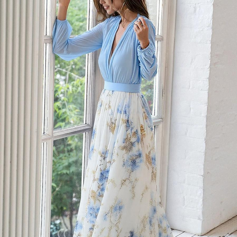 Harper – Elegante maxi-jurk met bloemenprint, diepe V-hals en lange mouwen