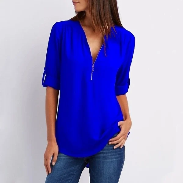 Siena – Losse blouse met ritssluiting aan de voorkant en diepe V-hals
