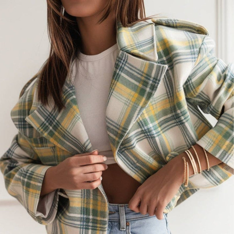 Victoria - Lange Mouw Geruite Jas met Reverskraag en Knopen aan de Voorkant