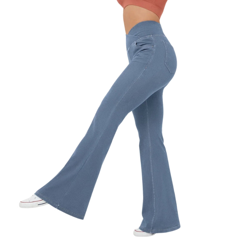 Aria – Retro hoge taille Uitlopende Jeans met Kruisende Tailleband