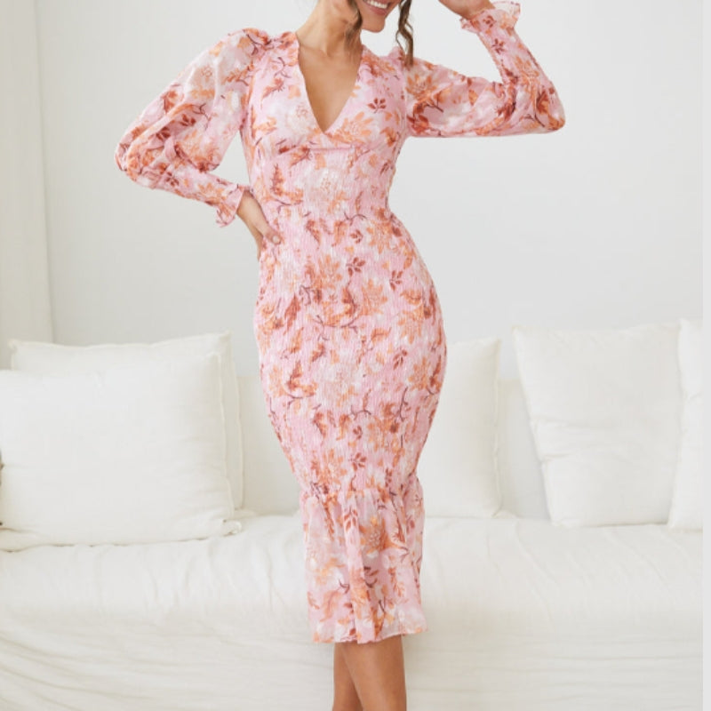 Alexandra - Jurk met Lange Mouwen Bloemenprint en V Hals