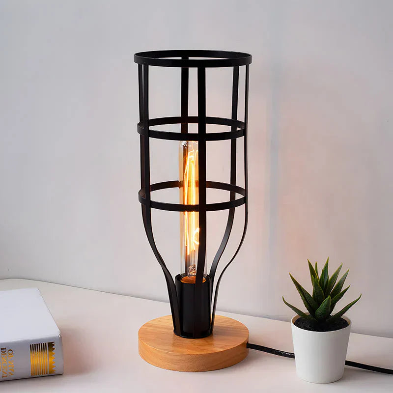 LumeCage - Moderne Industriële Kooi Tafellamp met Houten Accent