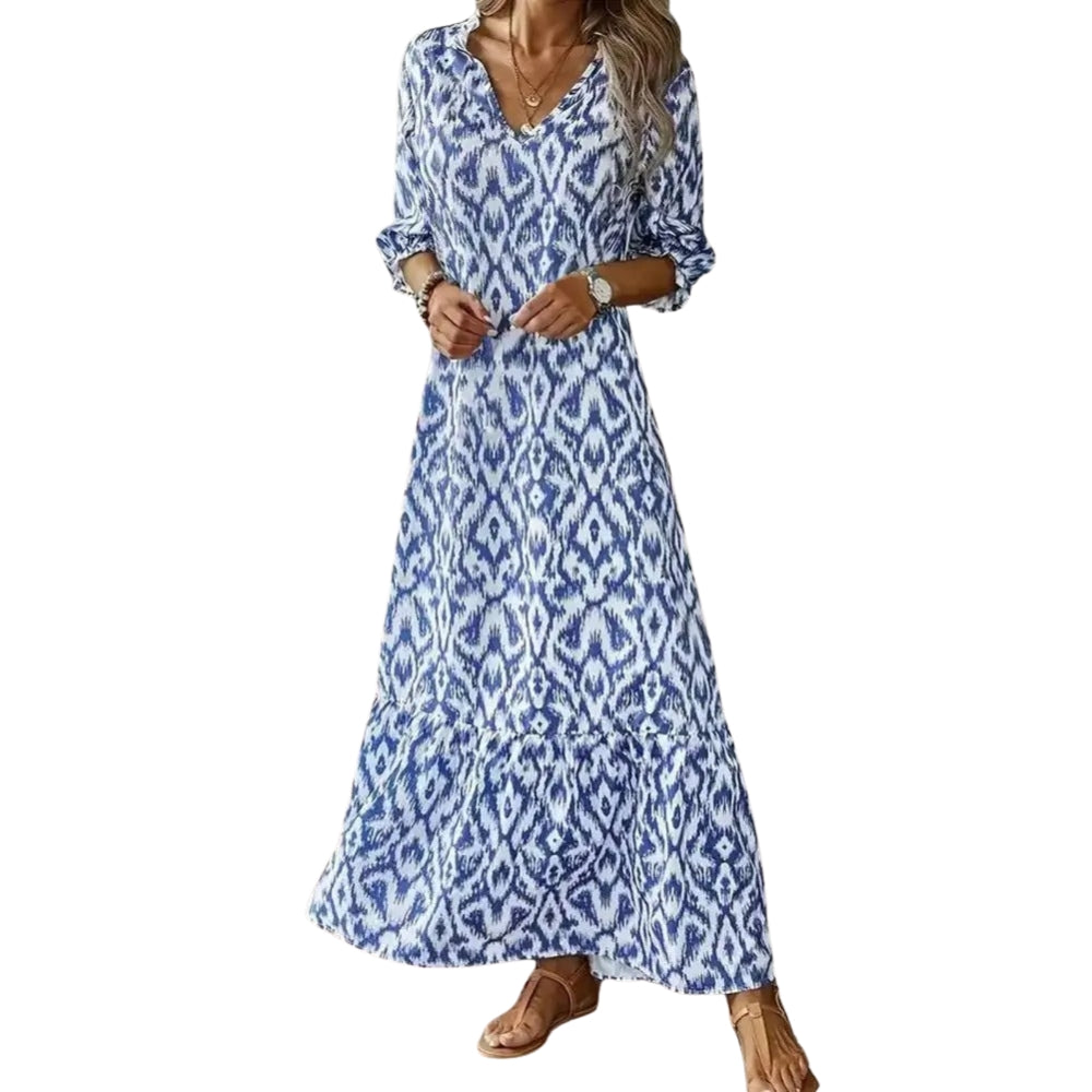 Hannah – Stijlvolle maxi-jurk met lange mouwen en V-hals