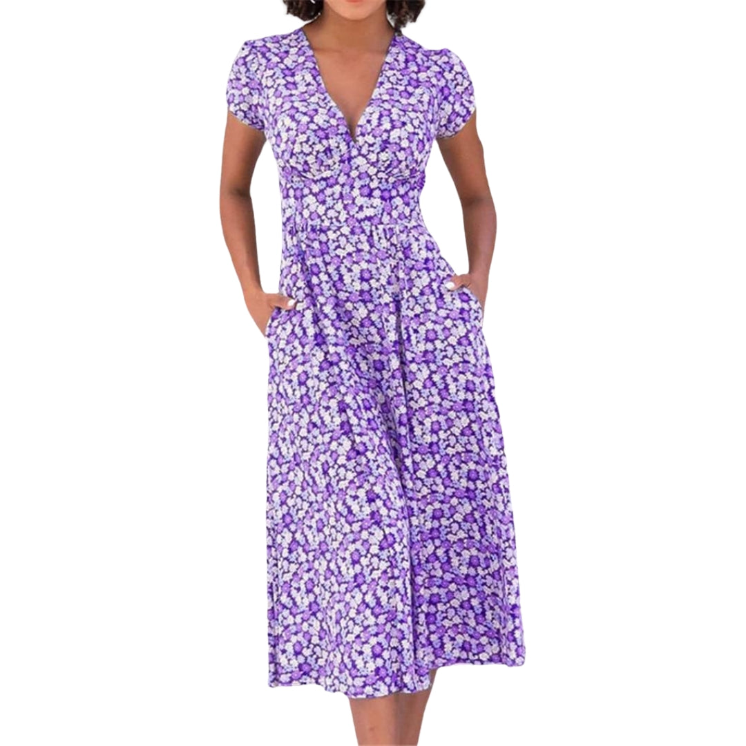 Emily - Midi jurk met bloemenprint V hals en zakken aan de zijkant