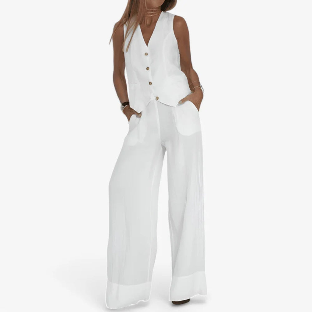 Lina - Elegante tweedelig set met knoopvest en wijde broek