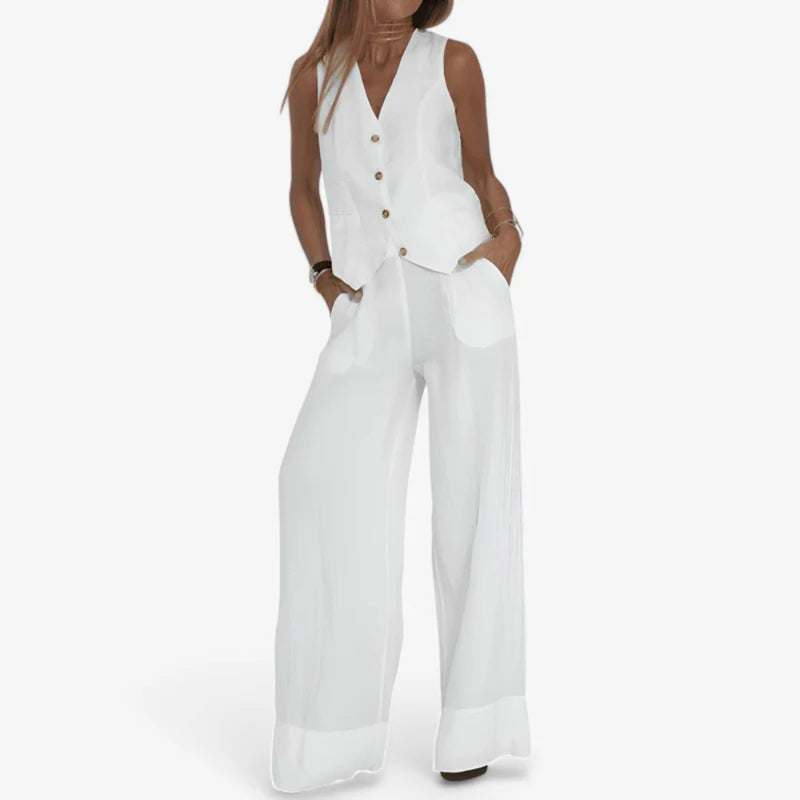 Lina - Elegante tweedelig set met knoopvest en wijde broek