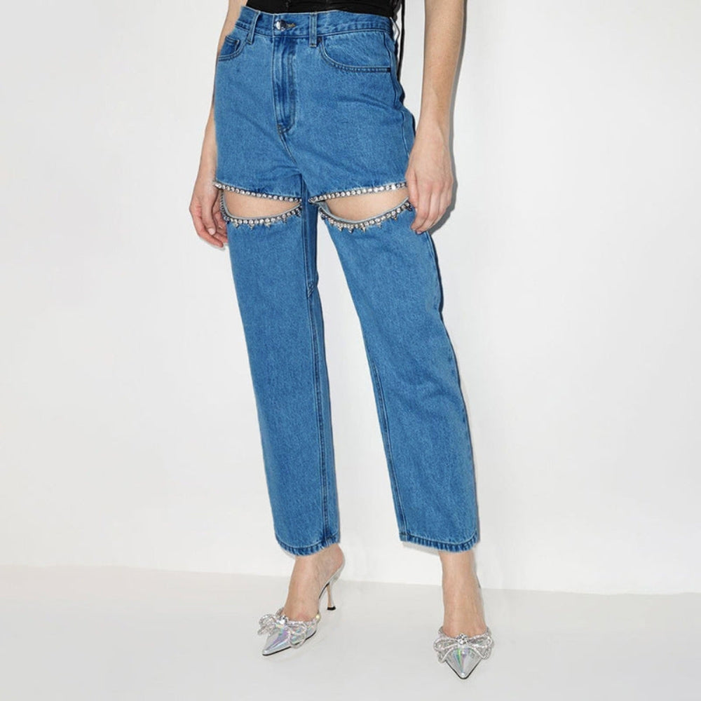 Stella - Stijlvolle jeans met hoge taille gestreepte uitsparing en praktische zakken