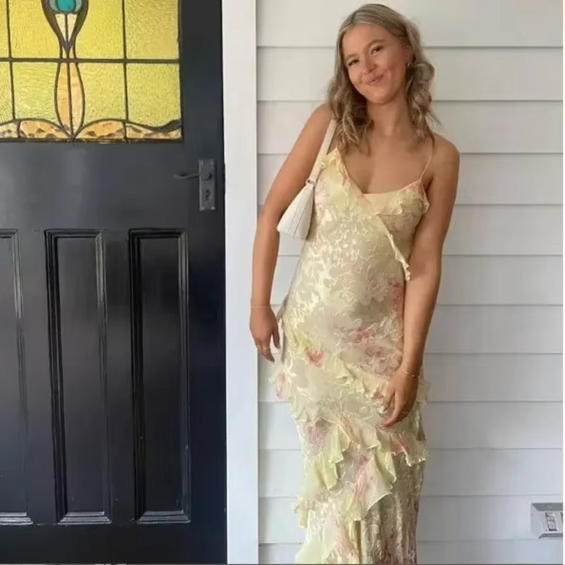 Selena – Maxi Jurk met Bloemenprint en Ontwerp Zonder Rug en Mouwloos