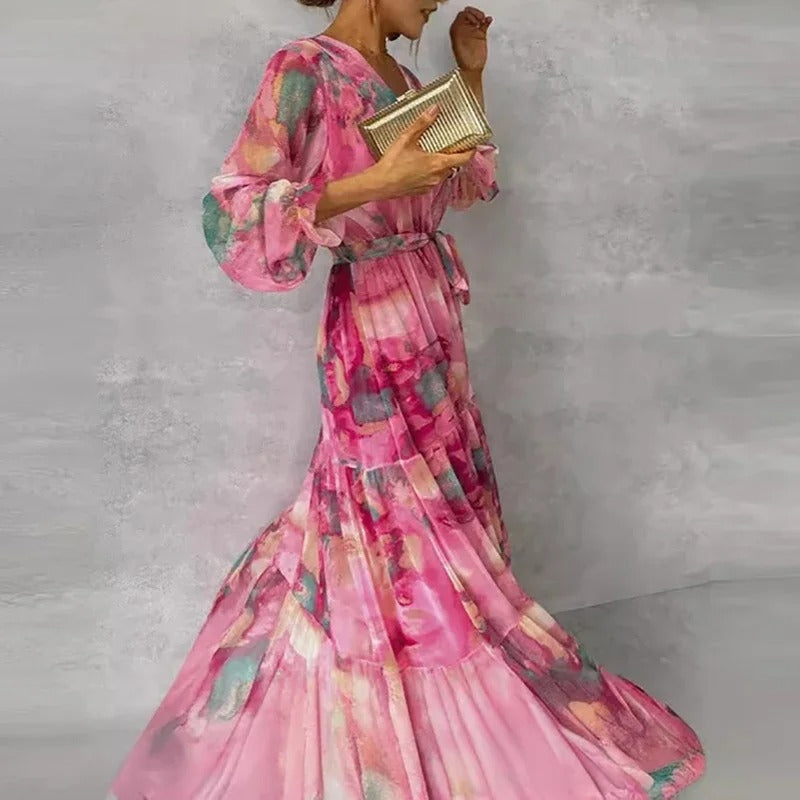 Olivia - Elegante Maxi Jurk met Bloemenprint en Lange Mouwen