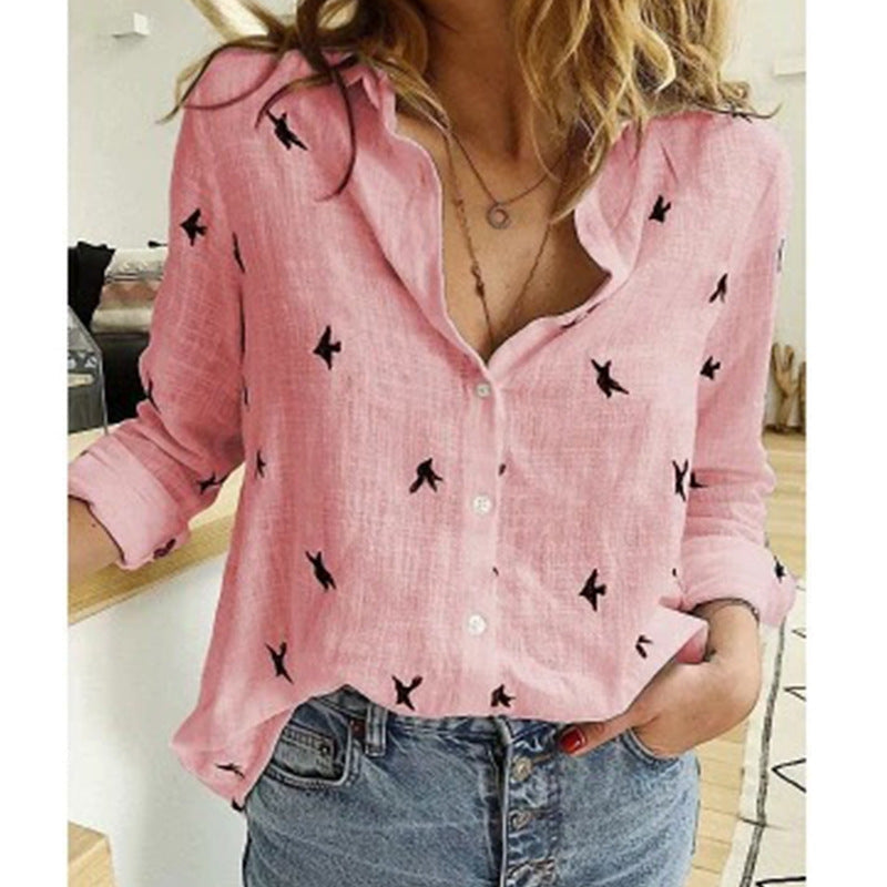 Sarah – Casual blouse met lange mouwen vogelprintdetails en knoopsluiting