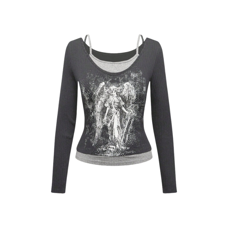 Camila - Off Schouder Top met Grafische Print en Lange Mouwen