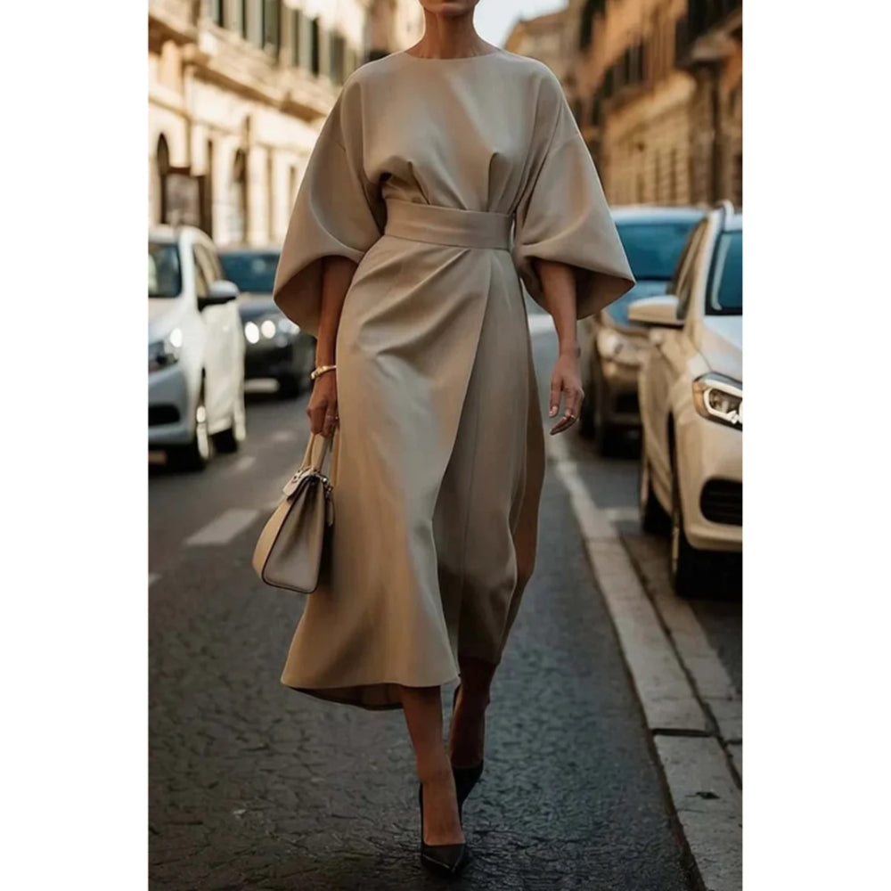 Alira - Elegante midi-jurk met lantaarnmouwen en tailleband
