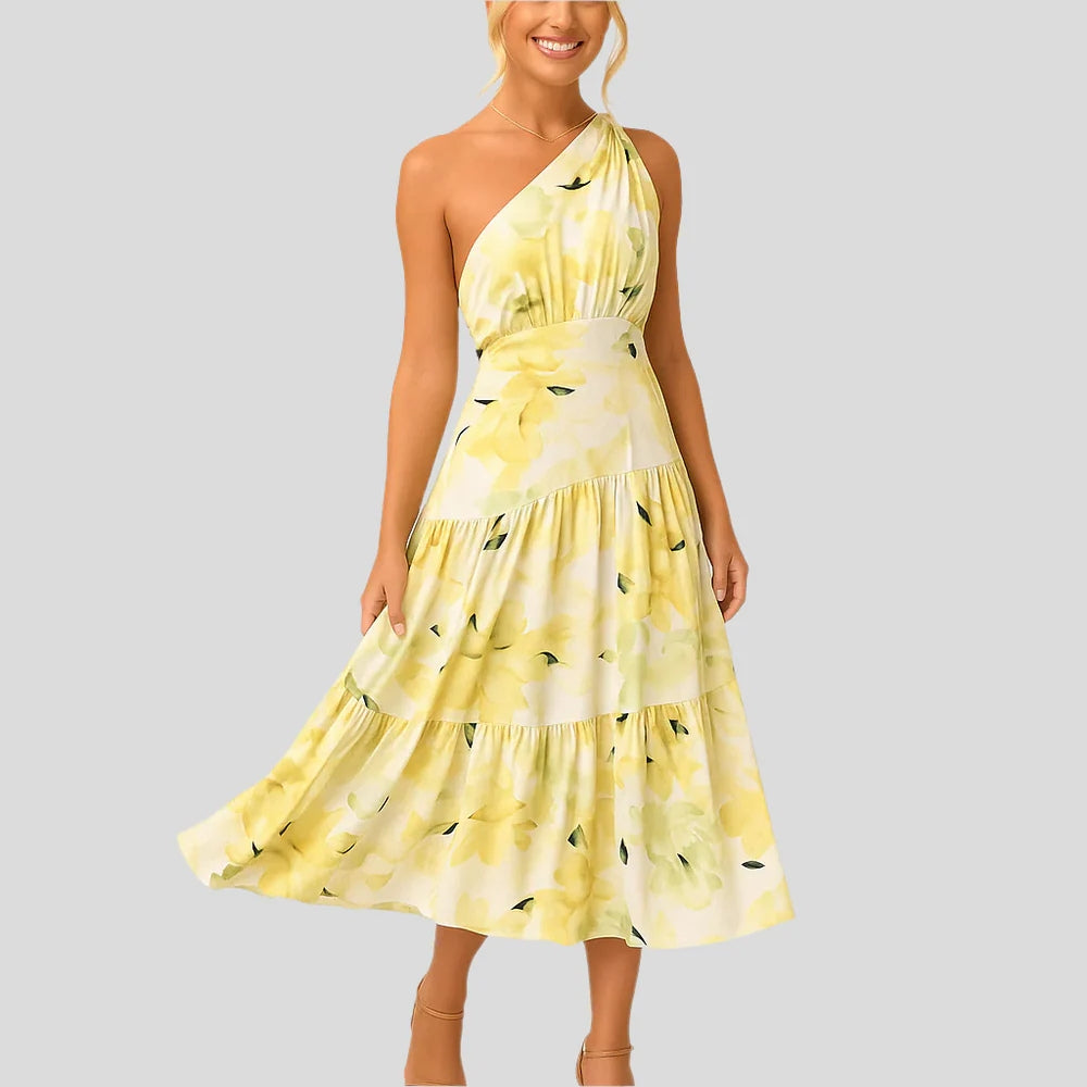 Fiona – Midi-jurk met één schouder en zachte draperie
