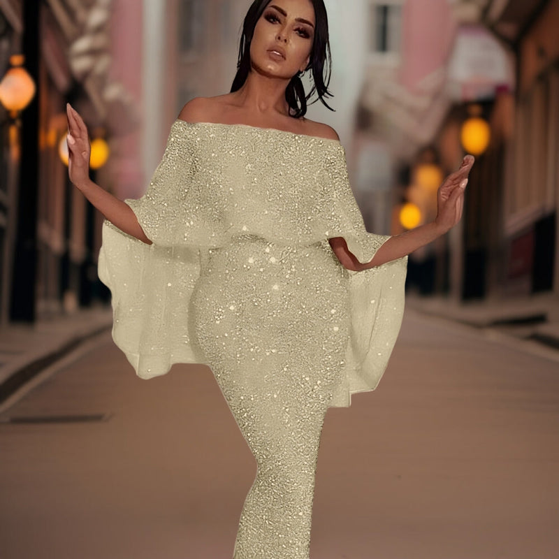 Celeste - Elegante off-shoulder jurk met vloeiende mouwen en getailleerd silhouet