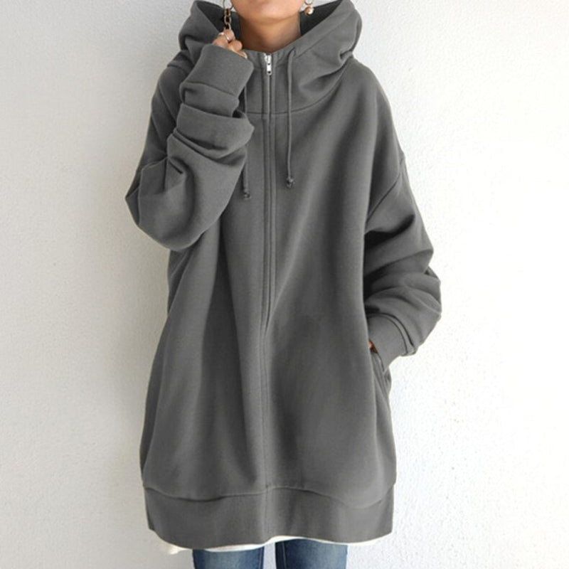 Aria – Lange Mouwen Oversized Hoodie met Ritssluiting en Geribbelde Details