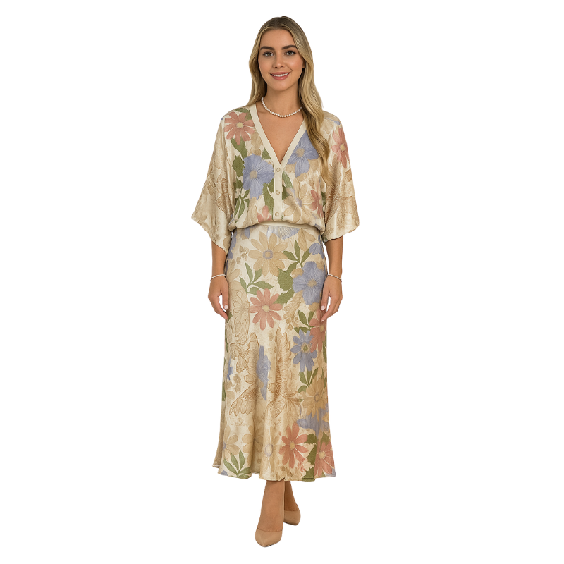 Emilia – Lange maxi jurk met bloemenprint en knopen aan de voorkant wijde mouwen