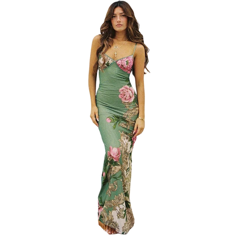 Elara – Maxi-jurk met Spaghettibandjes en Bloemenprint