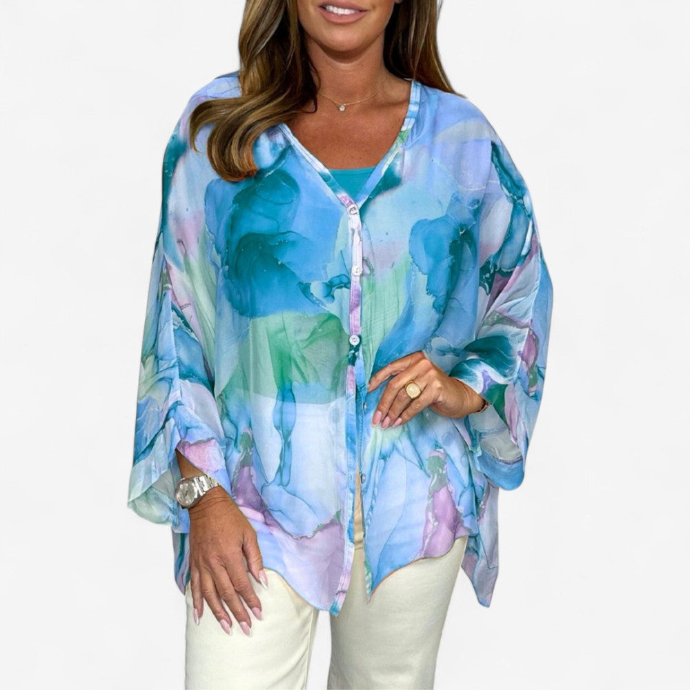Fleur - V Hals Bedrukte Blouse met Lange Mouwen