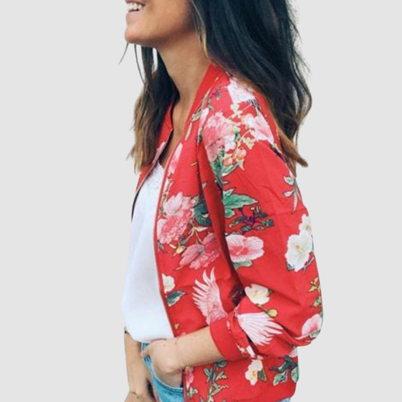 Leona - Bloemenprint Jas met Lange Mouwen en Rits Sluiting