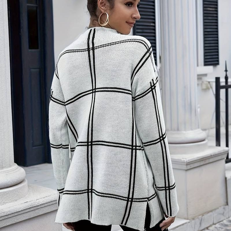 Jolanda – Trui met Lange Mouwen Col en Geruit Ontwerp