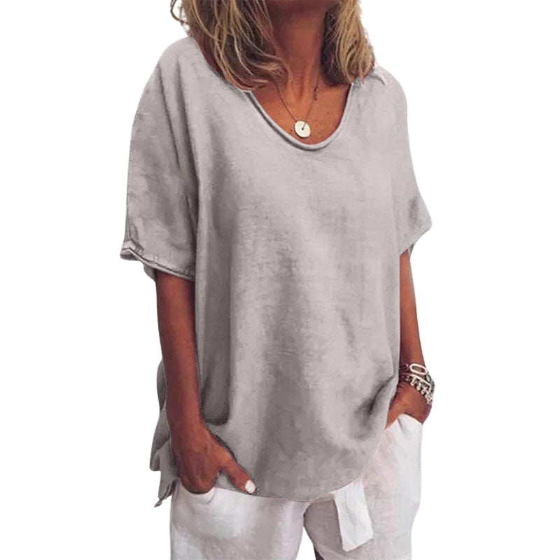Evelyn - V hals Blouse met Korte Mouwen en Losse Pasvorm