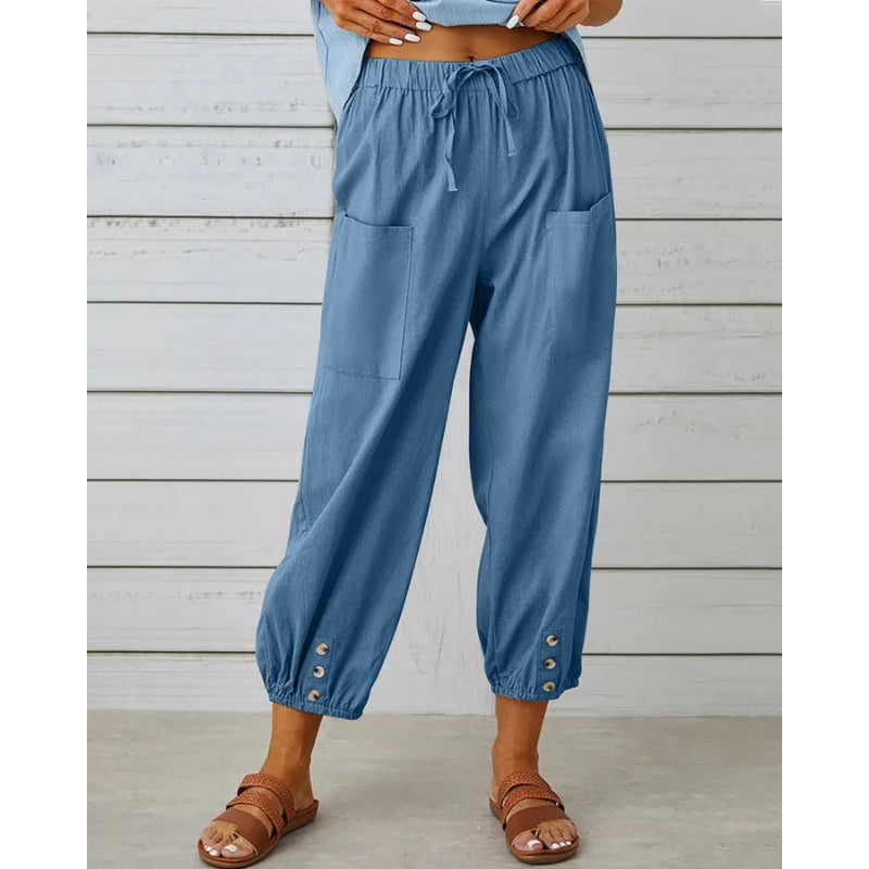 Mila – Relaxed Fit Broek met Trekkoord Taille en Zakken details