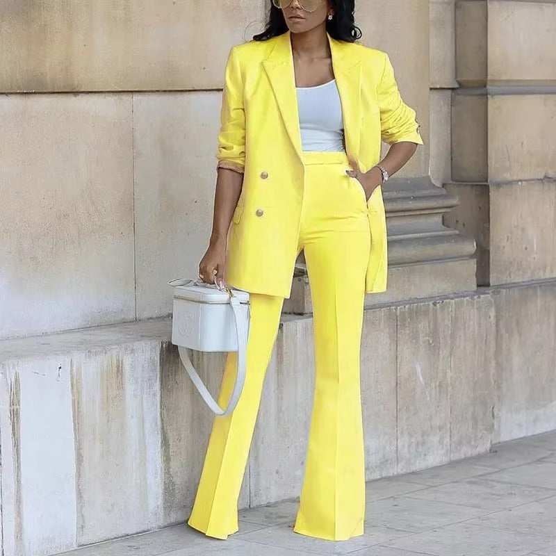 Makayla - Tweedelig Set met Blazer met Lange Mouwen en Broek met Wijde Pijpen