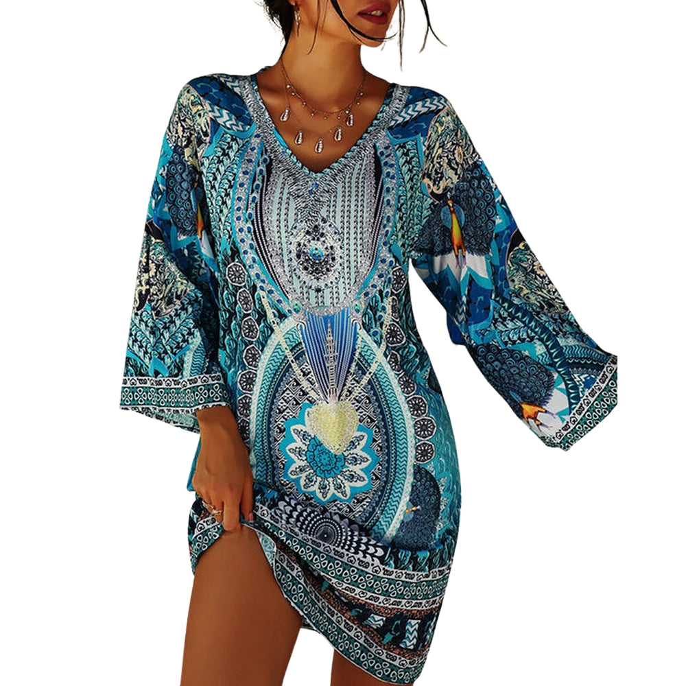 Liana - Stijlvolle Boho Minijurk met V-hals en lange mouwen