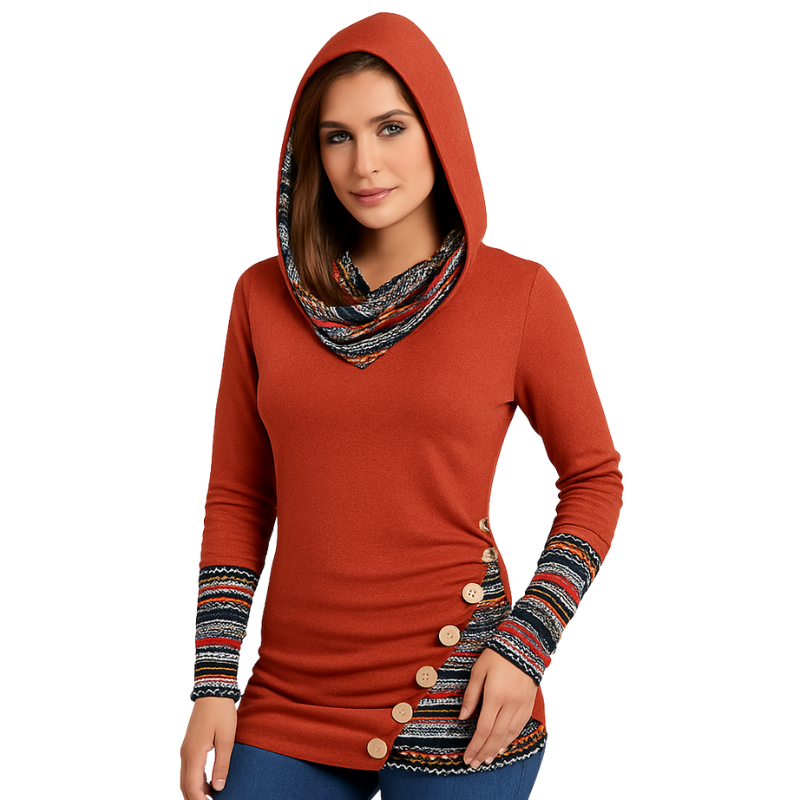 Emme – Gebreide Hoodie met Lange Mouwen, Knopen en Geometrische Strepen