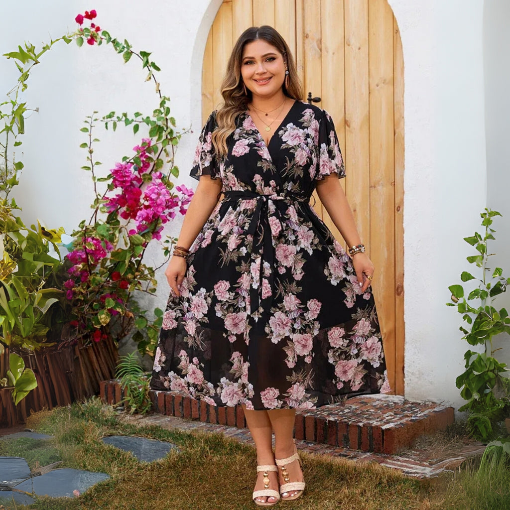 Linda - Plus Size Bloemen Midi Jurk met Vlindermouwen en Riem