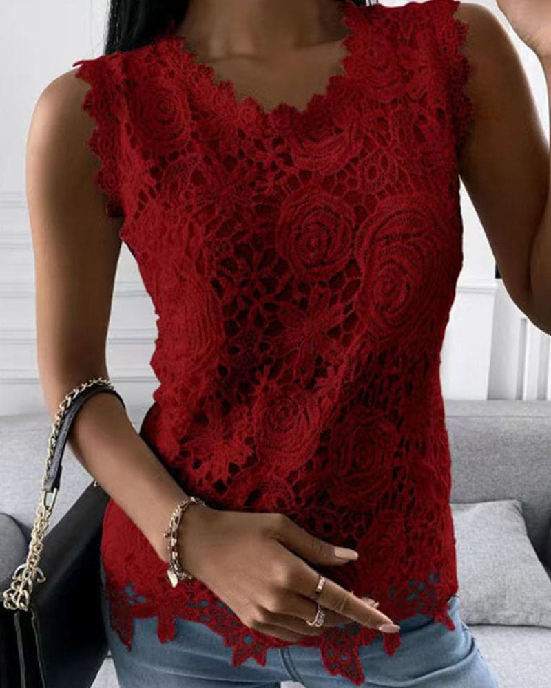 Elin - Lichtgewicht ronde hals kant mouwloze blouse
