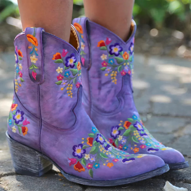 Grace - Geborduurde Cowboylaarzen met Puntige Teen en Halfhoge Blokhak