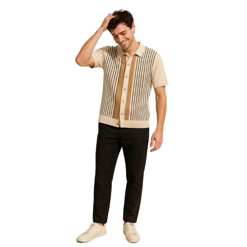 John – Gestreept shirt met korte mouwen, neerklapkraag en knoopsluiting aan de voorkant