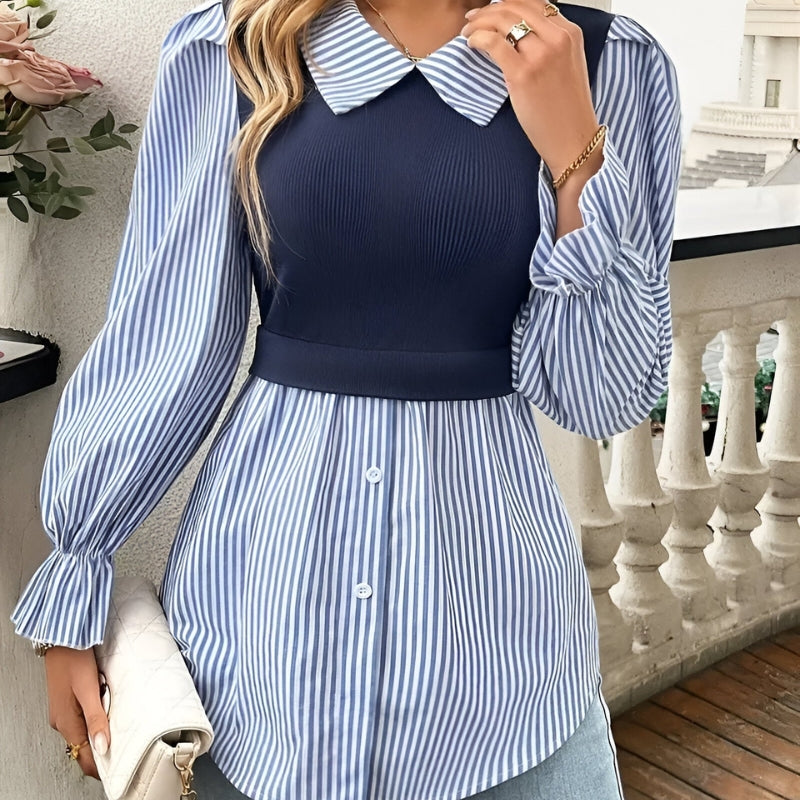 Wilma – Blouse met Lange Mouwen Reverskraag Knoopsluiting en Gestreept Patroon