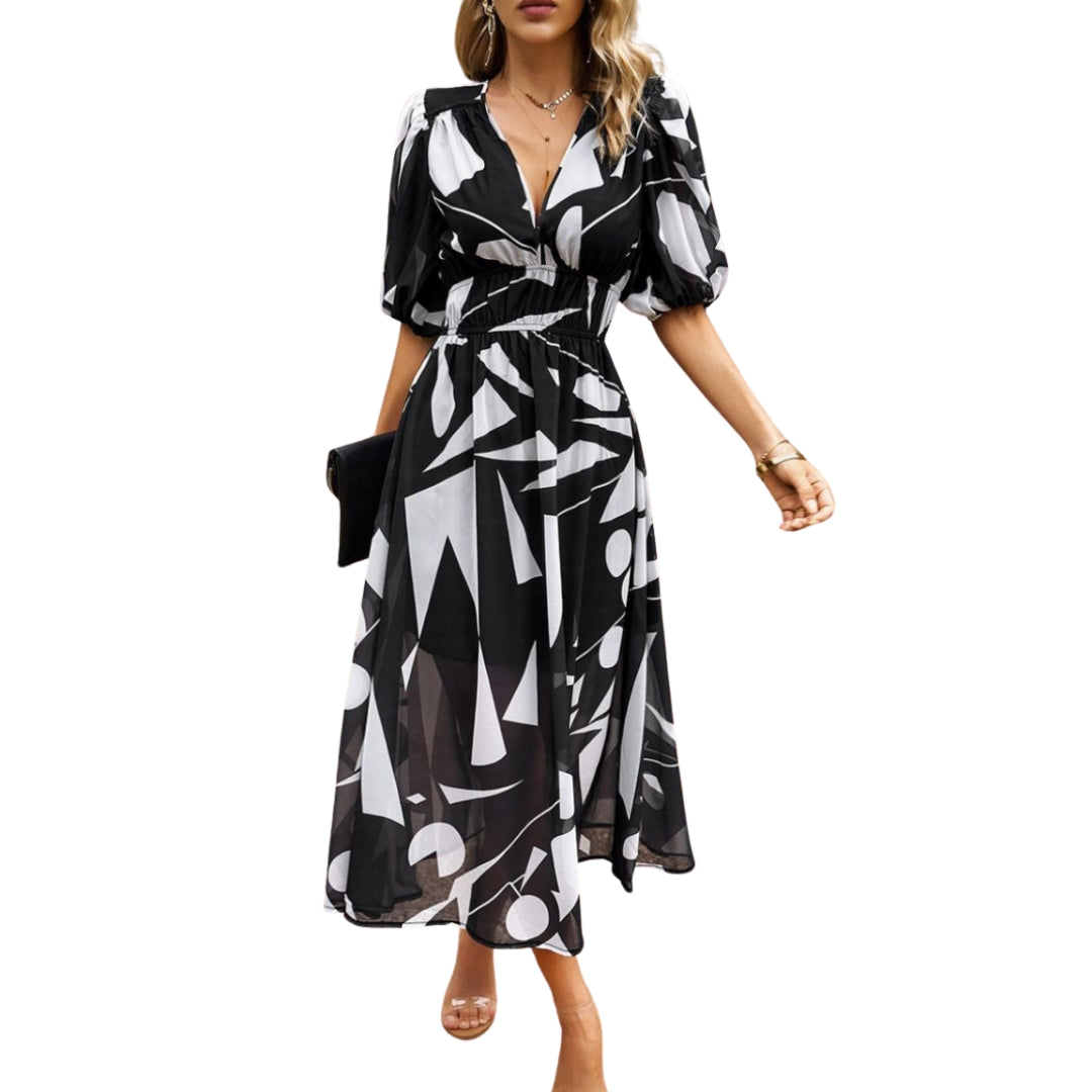 Isabella - Bloemen Midi Jurk met V Hals en Korte Mouwen